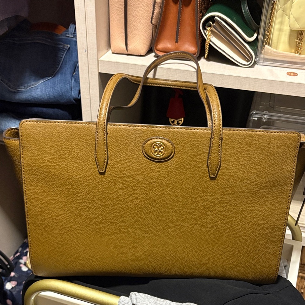 Tory Burch Olive Mustard Pebbled Leather Satchel